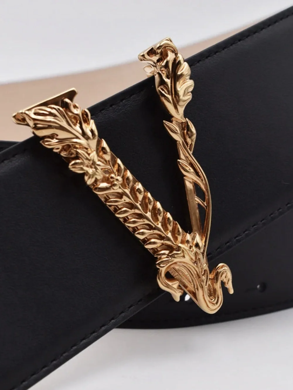 Versace Virtus Black Leather Belt with Gold Buckle